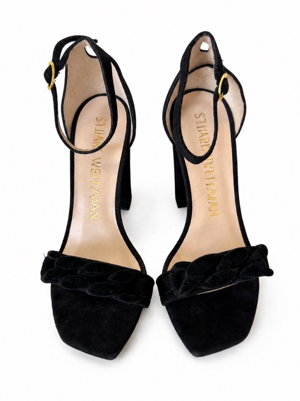 Stuart Weitzman Black Suede Block Heel Sandals Braided Strap Ankle Heels 7.5